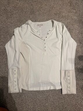 Textured Ivory Henley Long-Sleeve Top with Button Cuffs